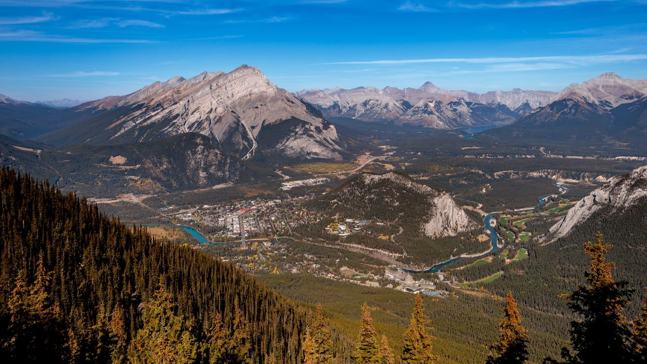 Wallpaper mountains, valley, buildings, forest, trees, nature