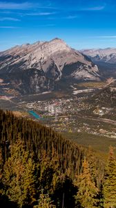 Preview wallpaper mountains, valley, buildings, forest, trees, nature