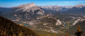 Preview wallpaper mountains, valley, buildings, forest, trees, nature