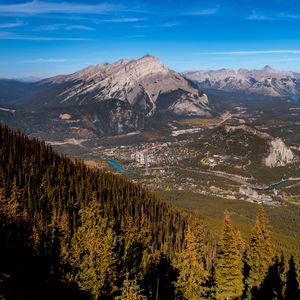 Preview wallpaper mountains, valley, buildings, forest, trees, nature