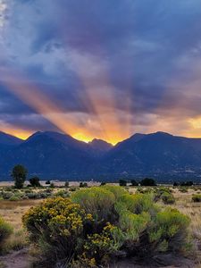 Preview wallpaper mountains, valley, bushes, grass, landscape, sunlight