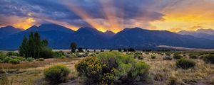 Preview wallpaper mountains, valley, bushes, grass, landscape, sunlight