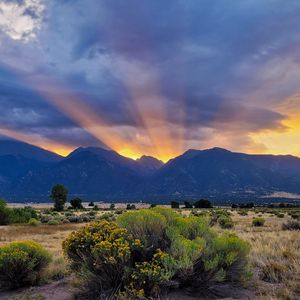 Preview wallpaper mountains, valley, bushes, grass, landscape, sunlight