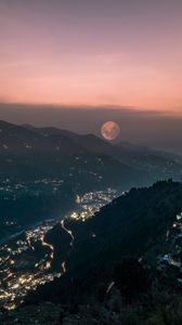 Preview wallpaper mountains, valley, city, lights, moon, fog, night