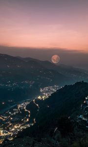Preview wallpaper mountains, valley, city, lights, moon, fog, night