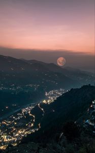 Preview wallpaper mountains, valley, city, lights, moon, fog, night