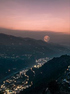 Preview wallpaper mountains, valley, city, lights, moon, fog, night