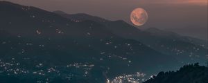 Preview wallpaper mountains, valley, city, lights, moon, fog, night