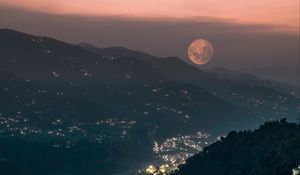 Preview wallpaper mountains, valley, city, lights, moon, fog, night