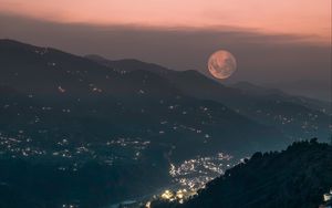 Preview wallpaper mountains, valley, city, lights, moon, fog, night