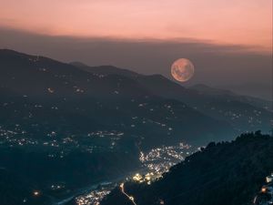 Preview wallpaper mountains, valley, city, lights, moon, fog, night