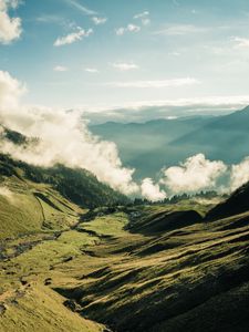 Preview wallpaper mountains, valley, clouds, fog, landscape
