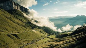 Preview wallpaper mountains, valley, clouds, fog, landscape