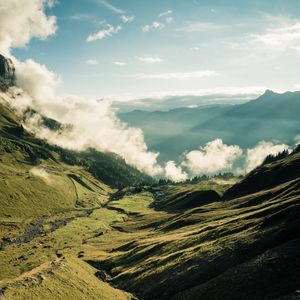 Preview wallpaper mountains, valley, clouds, fog, landscape