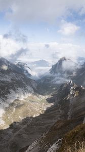 Preview wallpaper mountains, valley, clouds, landscape, aerial view
