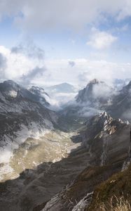 Preview wallpaper mountains, valley, clouds, landscape, aerial view