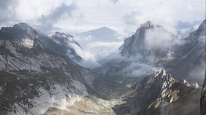 Preview wallpaper mountains, valley, clouds, landscape, aerial view
