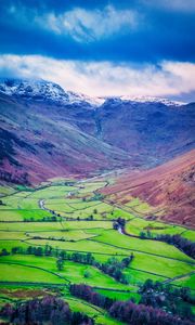 Preview wallpaper mountains, valley, fields, landscape, aerial view