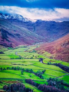 Preview wallpaper mountains, valley, fields, landscape, aerial view