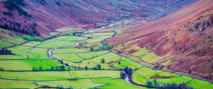 Preview wallpaper mountains, valley, fields, landscape, aerial view