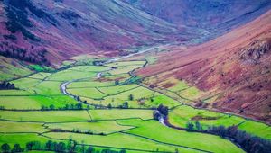 Preview wallpaper mountains, valley, fields, landscape, aerial view