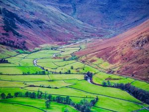 Preview wallpaper mountains, valley, fields, landscape, aerial view