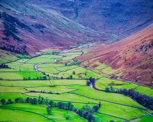 Preview wallpaper mountains, valley, fields, landscape, aerial view