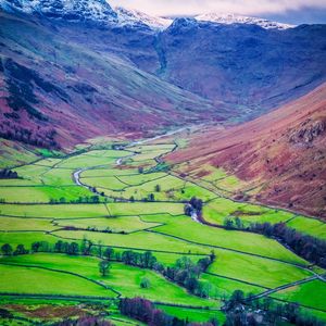 Preview wallpaper mountains, valley, fields, landscape, aerial view