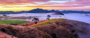 Preview wallpaper mountains, valley, fog, trees, hills, nature