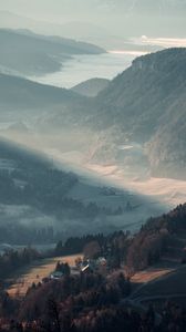 Preview wallpaper mountains, valley, fog, aerial view, landscape