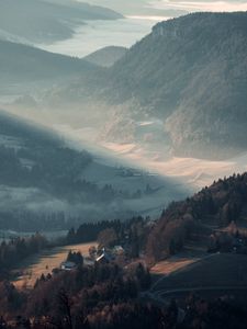Preview wallpaper mountains, valley, fog, aerial view, landscape
