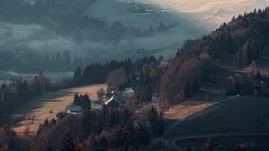 Preview wallpaper mountains, valley, fog, aerial view, landscape