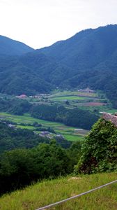 Preview wallpaper mountains, valley, forest, fields, hills, nature