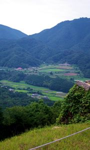 Preview wallpaper mountains, valley, forest, fields, hills, nature