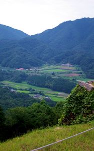 Preview wallpaper mountains, valley, forest, fields, hills, nature