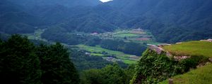 Preview wallpaper mountains, valley, forest, fields, hills, nature