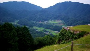 Preview wallpaper mountains, valley, forest, fields, hills, nature