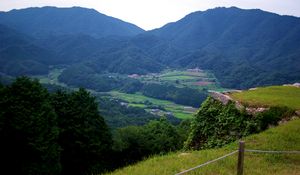 Preview wallpaper mountains, valley, forest, fields, hills, nature