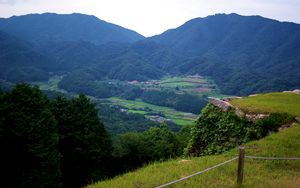 Preview wallpaper mountains, valley, forest, fields, hills, nature
