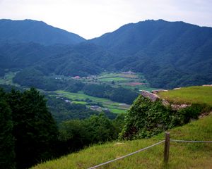 Preview wallpaper mountains, valley, forest, fields, hills, nature