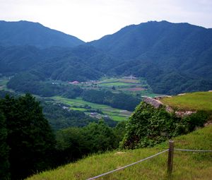 Preview wallpaper mountains, valley, forest, fields, hills, nature