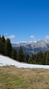 Preview wallpaper mountains, valley, forest, snow, landscape