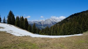 Preview wallpaper mountains, valley, forest, snow, landscape