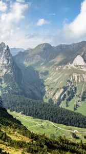 Preview wallpaper mountains, valley, forest, trail, landscape