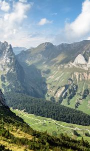 Preview wallpaper mountains, valley, forest, trail, landscape