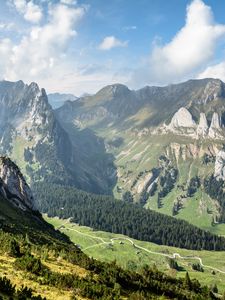 Preview wallpaper mountains, valley, forest, trail, landscape