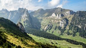 Preview wallpaper mountains, valley, forest, trail, landscape