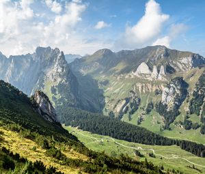 Preview wallpaper mountains, valley, forest, trail, landscape