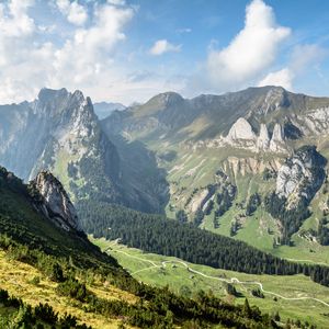 Preview wallpaper mountains, valley, forest, trail, landscape