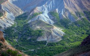 Preview wallpaper mountains, valley, forest, relief, aerial view